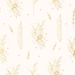 Celestial floral crystals and stars seamless pattern. Golden hand drawn linear illustration for wrapping paper, textile and background.