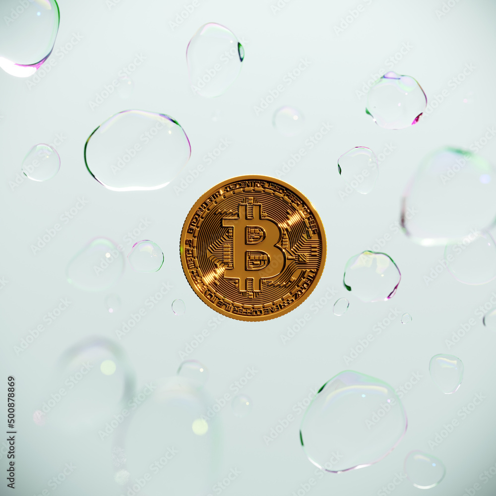 Poster outstanding bitcoin currency coin among with water bubble concept idea. 3d render. selective focus. 