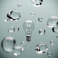 Outstanding Lighting Bulb Among with Water bubble Concept idea.
3D Render. Selective Focus.