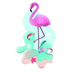 Pink flamingo. Vector illustration. Flamingo stands on one leg in the water, shrimps and fish are nearby. Stylish, artistic illustration, perfect for designing a banner, postcard, book, poster.