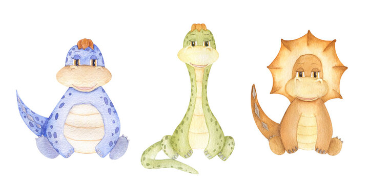 Set of three cute baby dinosaurs isolated on white background. Hand drawn watercolor illustrations for baby shower, invitations, postcards, posters and other your design. Cartoon style.