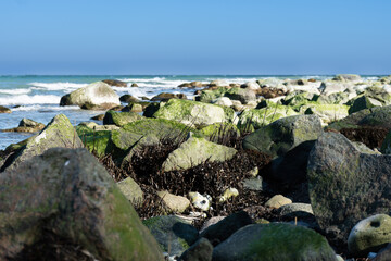 Fototapeta na wymiar Blick entlang des Uferbereiches der Ostsee, mit Ihren einzigartigen großen Steinen