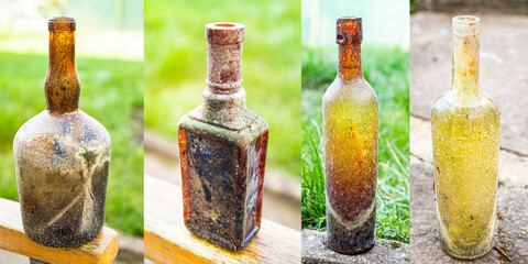 glass bottle vintage glassware, bottles wine empty dirty kitchenware copy space food background...