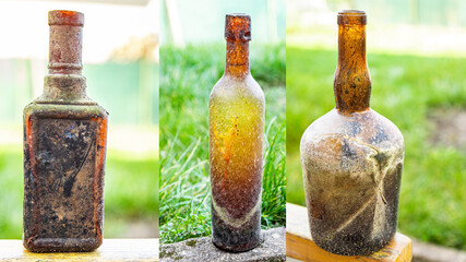 glass bottle vintage glassware, bottles wine empty dirty kitchenware copy space food background...