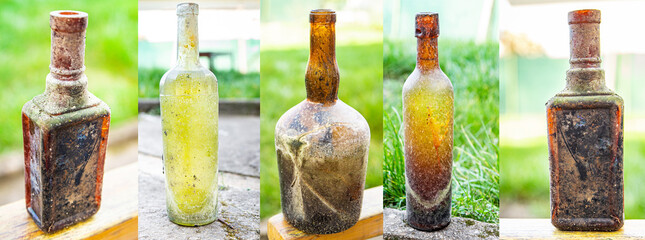 glass bottle vintage glassware, bottles wine empty dirty kitchenware copy space food background...
