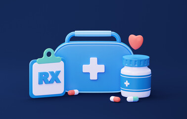 First aid kit and Rx medical prescription. 3d rendering illustration