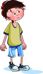 School. Schoolyard. Children in the school yard. Kids are playing. Children on the move. The boy in the green t-shirt. A boy in blue shorts and sneakers. Looks up.