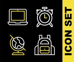 Set line Alarm clock, School backpack, Earth globe and Laptop icon. Vector