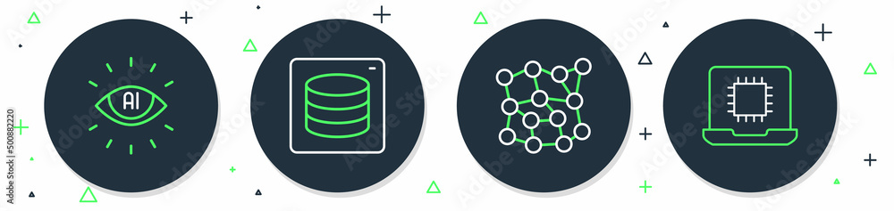 Poster set line server, data, neural network, artificial intelligence ai and processor cpu icon. vector