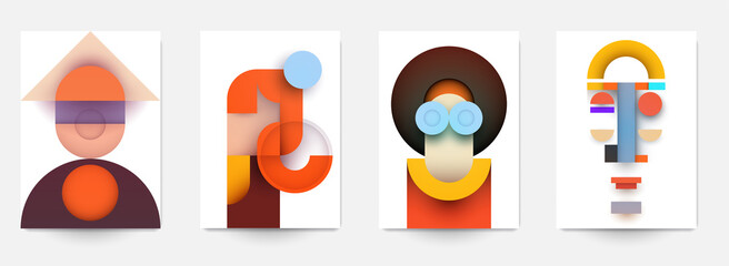 Set of minimal template in geometric bauhaus retro style design for branding with abstract simple shapes element. Modern background for cover, banner. Portrait silhouette. Fashion vector illustration.