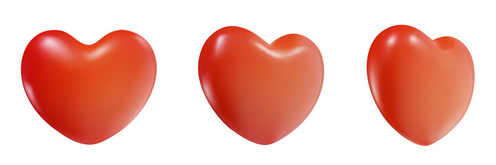 Set 3d cartoon red glossy heart different view isolated on white background. Minimal realistic design element for game. Vector illustration.