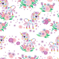 Seamless vector pattern with happy rainbow zebra and flowers © alinart