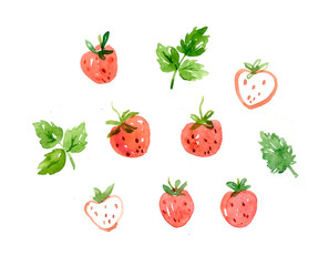Watercolor set of strawberry with leaves. Hand-drawn illustration isolated on the white background.