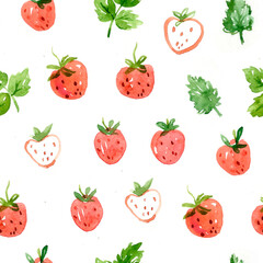 Watercolor seamless pattern of strawberry with leaves. Hand-drawn illustration isolated on the white background.