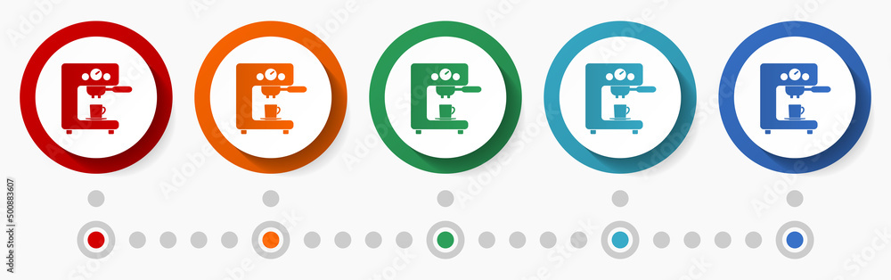 Fototapete coffee machine concept vector icon set, infographic template, flat design circle colorful web button