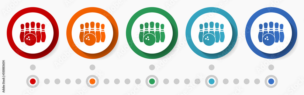 Fototapete bowling concept vector icon set, infographic template, flat design circle colorful web buttons in 5 
