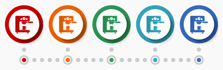 Coffee machine concept vector icon set, infographic template, flat design circle colorful web buttons in 5 color options