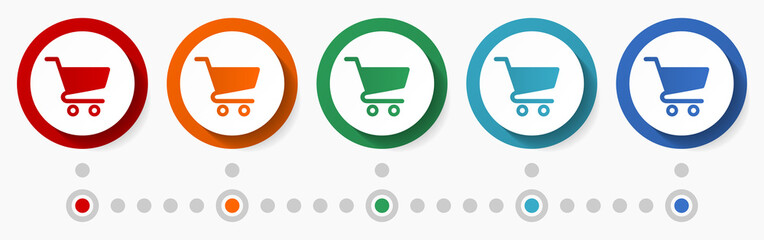 Shopping cart concept vector icon set, infographic template, flat design circle colorful web buttons in 5 color options