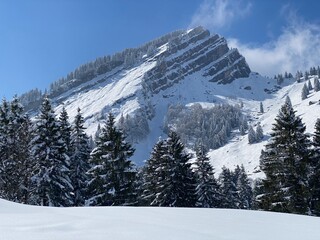 Fairytale alpine winter atmosphere and snow-capped alpine peak Stockberg (1781 m) in the Alpstein mountain massif, Nesslau - Obertoggenburg region, Switzerland (Schweiz)