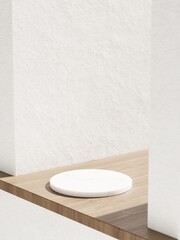 3d marble display podium on wooden floor against white concrete wall. 3d rendering of realistic presentation for product advertising. 3d minimal illustration.
