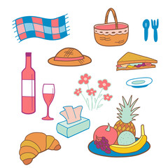 color drawings, a set of picnic elements a basket, a plaid, fruits, dishes and other