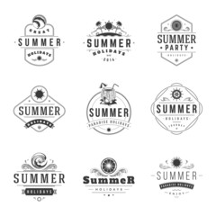 Summer holidays labels or badges retro typography vector design templates set. Silhouettes and icons for posters, greeting cards and advertising.