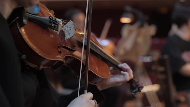 beautiful girl in a black dress plays the violin in the theater, beautiful lighting