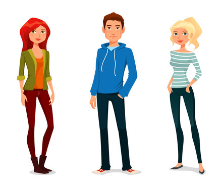 cute cartoon illustration of young people in casual street fashion, teenagers or students.
