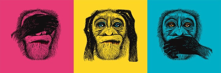 Three monkeys, I don't see anything, I don't hear anything, I won't say anything to anyone. Allegory of ignoring problems and dangers. Three monkeys on a coloured background in the style of pop art - obrazy, fototapety, plakaty