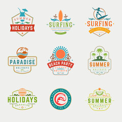 Summer holidays typography labels or badges vector design, summer silhouettes and icons for posters, greeting cards and advertising. Vintage style.