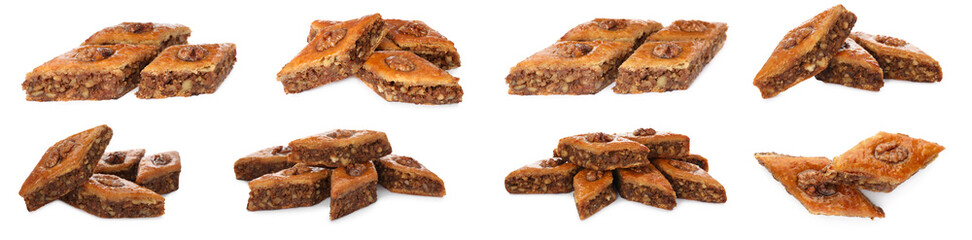 Delicious baklava with walnuts on white background, collage. Banner design