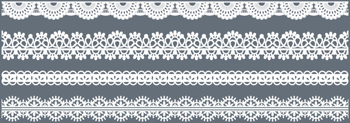 Set of wide lace ribbons with print. Black design elements isolated on white background. Seamless pattern for creating style of card with ornaments. Lace decoration template, ribbons for design