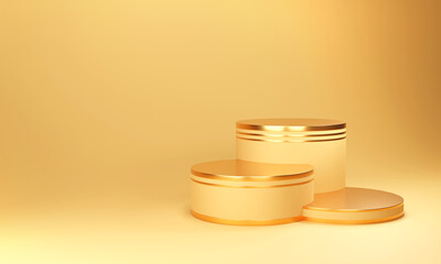 Premium pedestal or golden round pedestal on luxury minimal screen in Studio. Mockup for Product Presentation Brand design, cosmetics, 3D empty pedestals, product banners. 3D render illustration