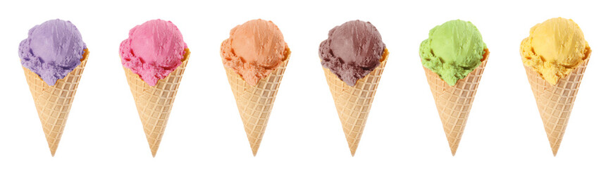 Set with different tasty ice creams in wafer cones on white background. Banner design
