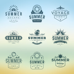 Summer holidays labels or badges retro typography vector design templates set. Silhouettes and icons for posters, greeting cards and advertising.