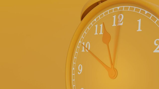 Monochromatic clock on yellow background, Break time idea concept. The beginning of time 11.45 run fast to 12.00. Close up timelapse moving fast. 3d render