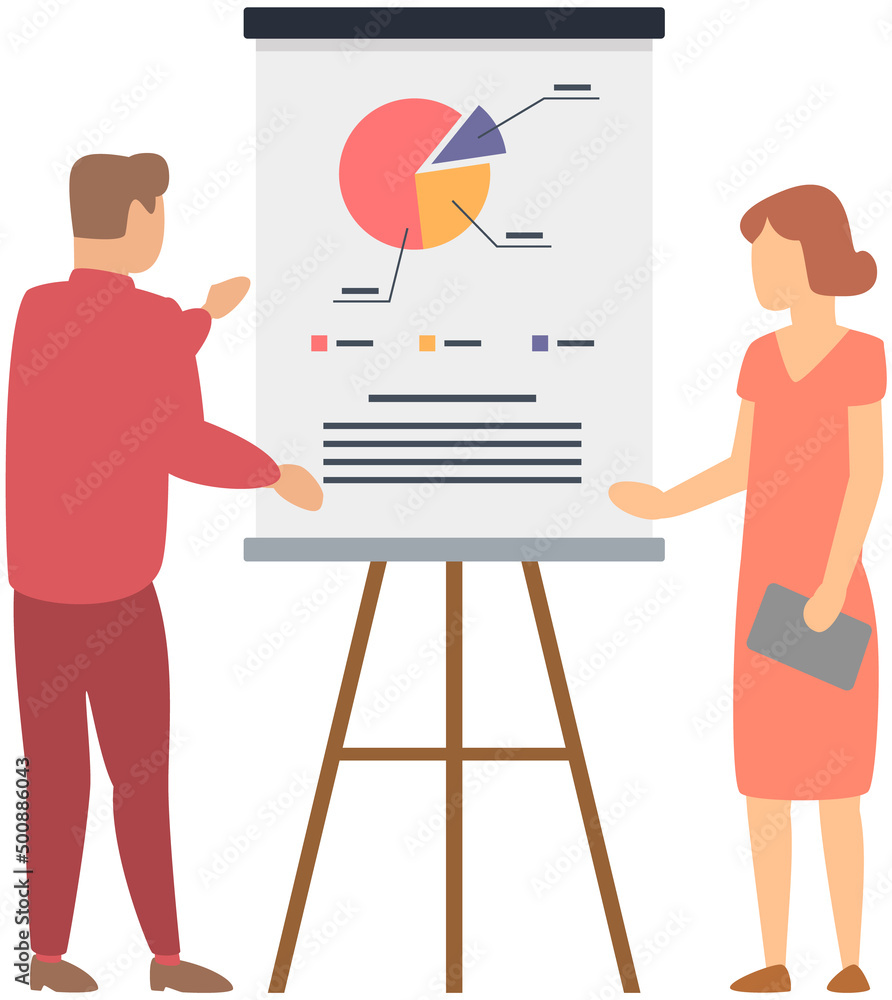 Poster manager makes presentation of statistical report analysis charts. planning business. teamwork consul