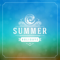 Summer holidays typography label design on grunge textured paper background. Vector illustration good for posters or flyers.