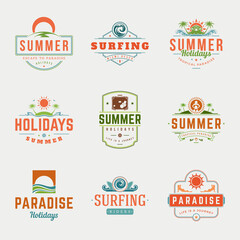 Summer holidays labels or badges retro typography vector design templates set. Silhouettes and icons for posters, greeting cards and advertising.