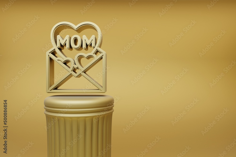 Poster Beautiful illustrations Golden message with word mom and heart symbol icons on a golden column and wonderful background. 3d rendering illustration. Background pattern for design. Mothers Day.