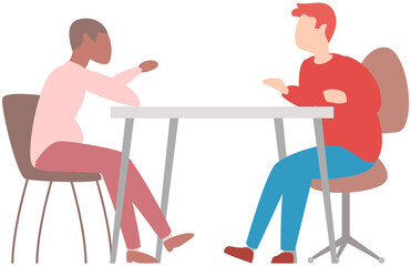 People sit at table and communicate. Colleagues spend time together during work or rest. Characters discussing in cafe or workplace. Working meeting, communication, dialogue, conversation concept