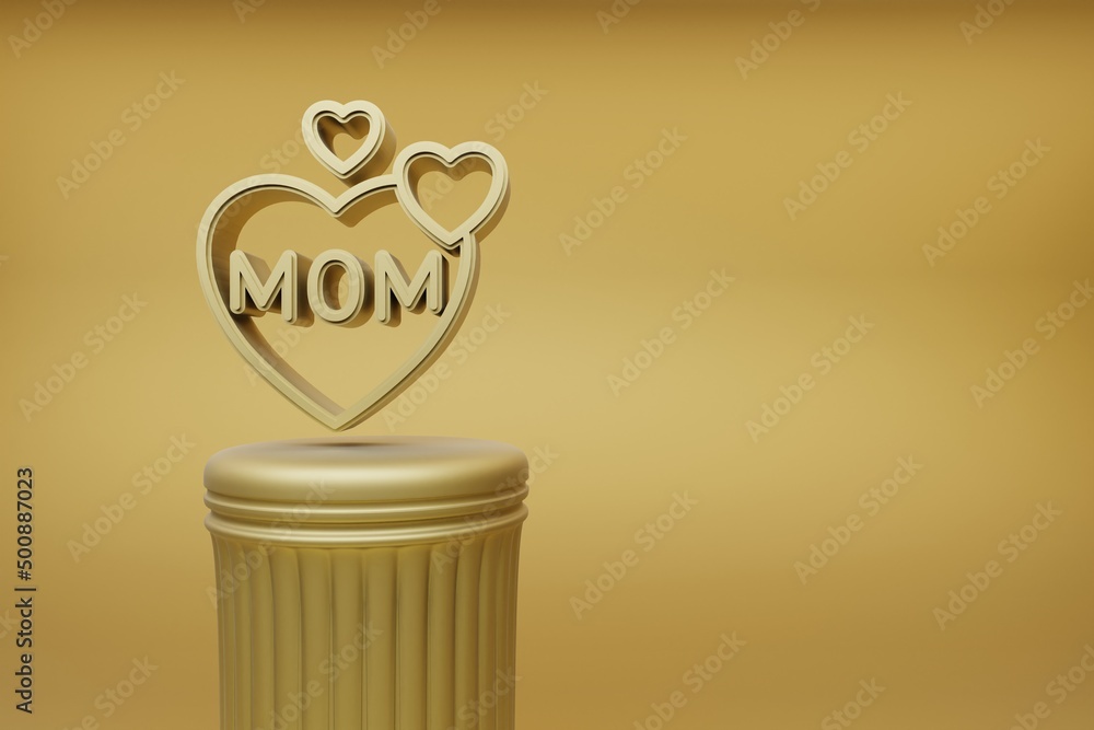 Poster beautiful illustrations golden word mom with heart symbol icons on a golden column and wonderful bac