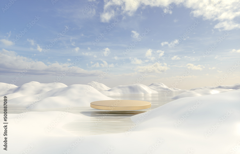 Aufkleber abstract winter landscape scene with a podium for product display. 3d rendering.