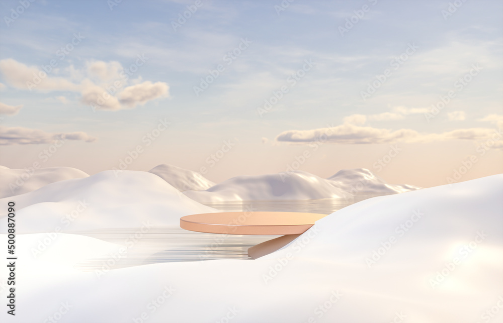 Poster abstract winter landscape scene with a podium for product display. 3d rendering.