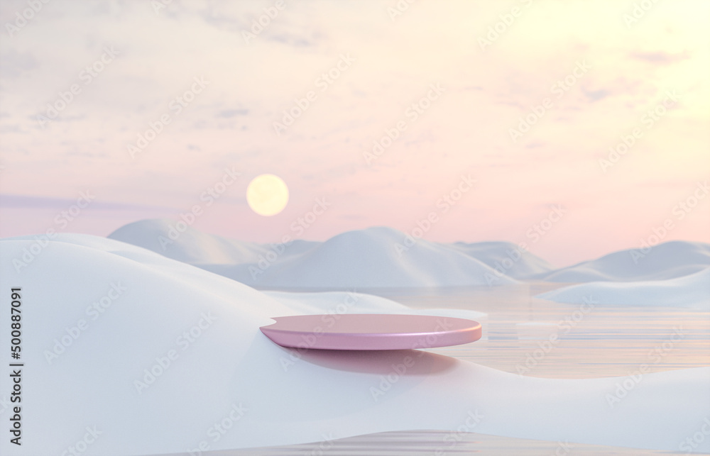 Aufkleber Abstract Winter landscape scene with a podium for product display. 3d rendering.