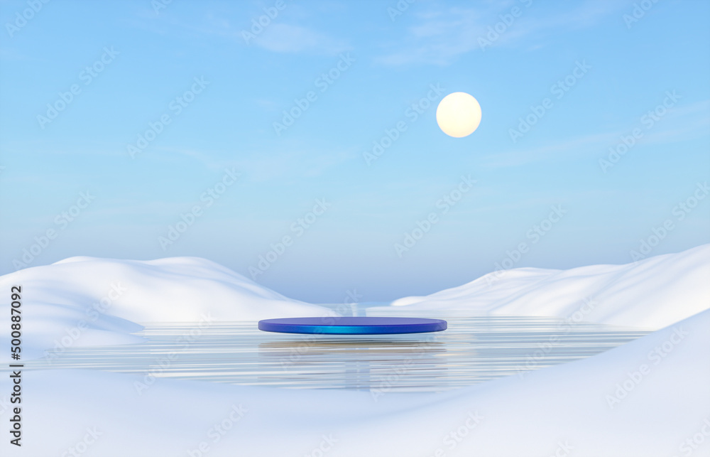Aufkleber abstract winter landscape scene with a podium for product display. 3d rendering.