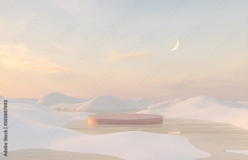Aufkleber Abstract Winter landscape scene with a podium for product display. 3d rendering.