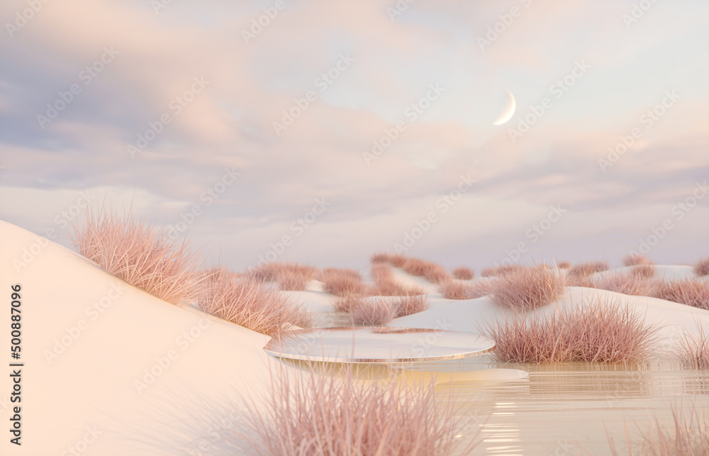 Aufkleber Abstract Winter landscape scene with a podium for product display. 3d rendering.