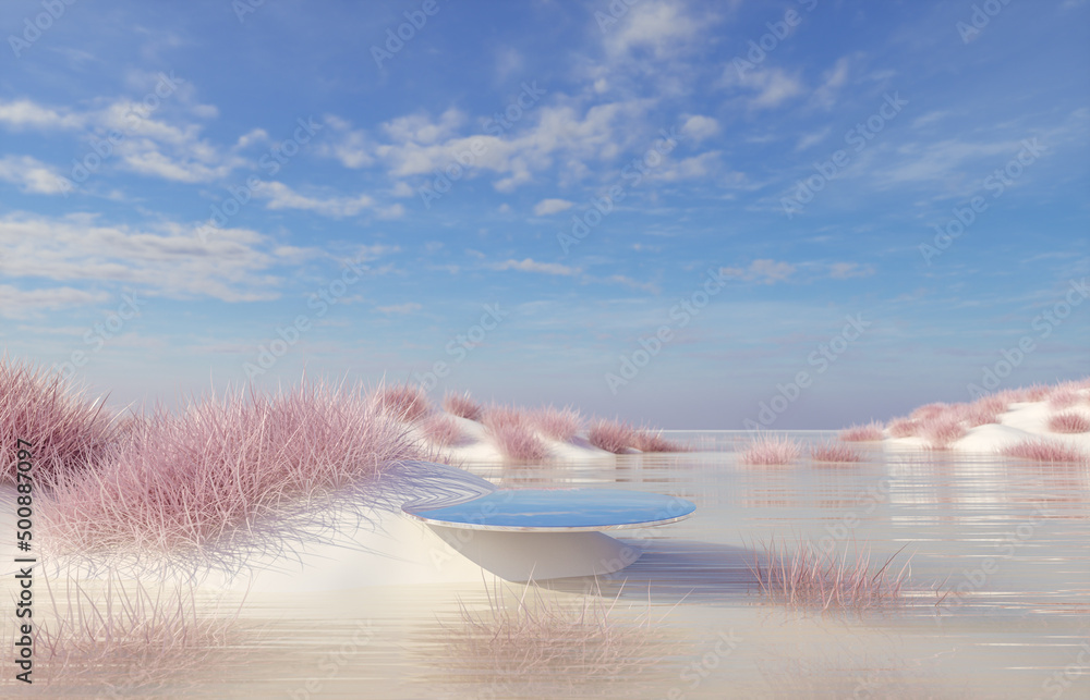Poster Abstract Winter landscape scene with a podium for product display. 3d rendering.