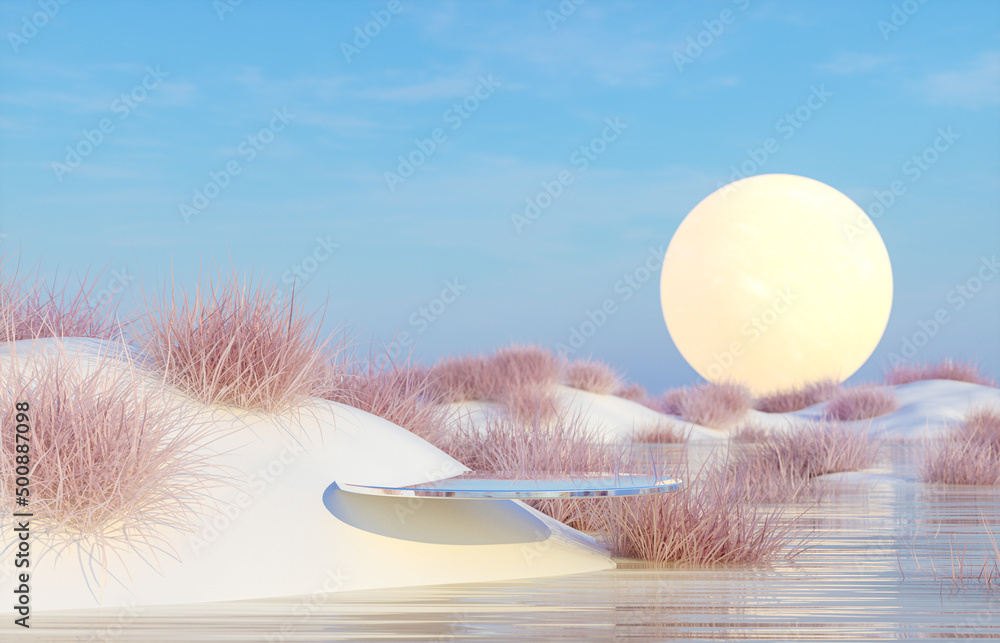 Poster abstract winter landscape scene with a podium for product display. 3d rendering.